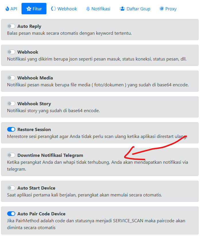 Panel fitur telegram